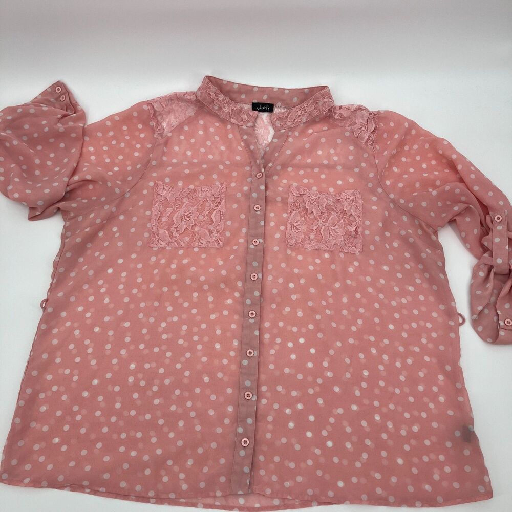 Women's Pink Sheer Polka Dot Button Up Blouse Lace Pockets Mock Collar Coquette